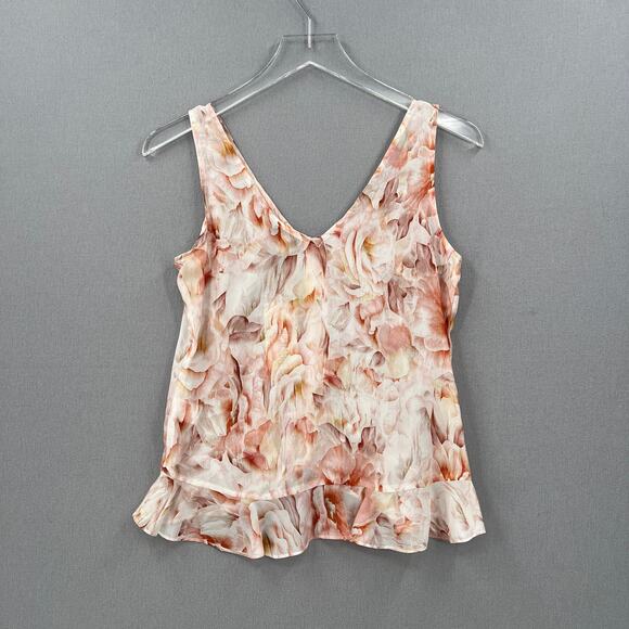 LADAIRE Silk Button Front Ruffle Tank Women XS Pink Floral V Neck Wide Strap New - Picture 2 of 11
